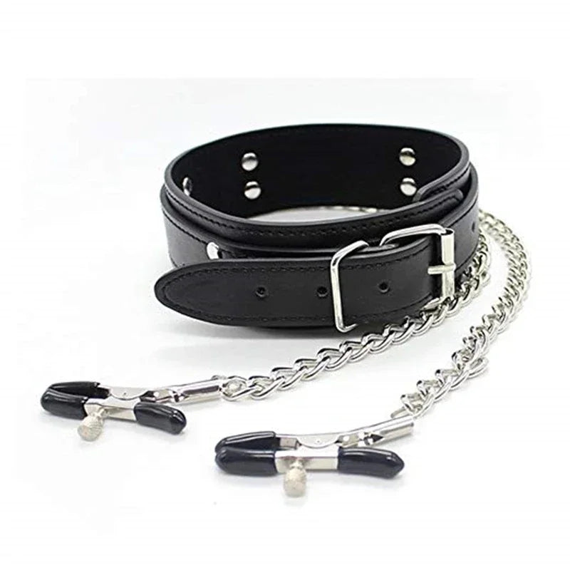 Sexy Leather Choker Collar With Nipple Clamp